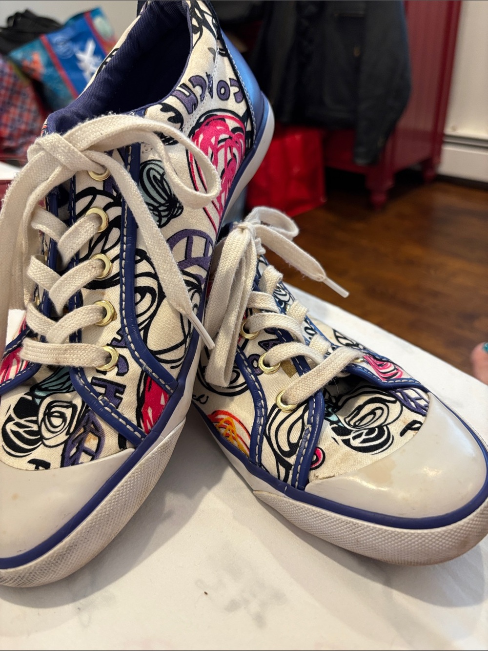 Coach sneakers Floral & Peace Sign Canvas Sneakers in White, Blue, Pink
